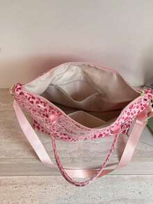 Leopard Print Tote Bag, Large Capacity, Smooth Zipper Closure, Short Hand Strap With Detachable Wide Long Shoulder Strap, Hand-Carry, Shoulder, Crossbody, Multiple Carrying Styles, Suitable For Short Trips, Shopping, Daily Commute - Pink - View 7