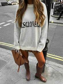 Sweater Rajut Leher Bulat dengan Motif Huruf Grafis, Potongan Longgar, Lengan Panjang, Trim Bergaris, Atasan Pullover Kasual Musim Gugur/Musim Dingin Warna Putih Lembut untuk Wanita - Putih - View 5