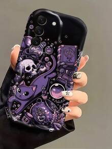 1pc Cream Wavy Ins Shockproof Anti-Drop Protective Phone Case, Autumn Halloween Phone Shell, Halloween Dark Witch Black Cat Full Print Phone Case, Magic Cauldron Skull Potion Personalized Wavy Pattern Full Coverage Phone Case, Compatible With Android Devices Anti-Drop Protective Shell Compatible With Samsung, Moto, Series Phones - White - View 1