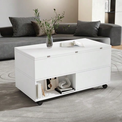Height-Adjustable Coffee Table, 3-In-1 Multifunctional Living Room Table With Wheels, 4 Drawers, Coffee Table, For Living Room, Home Office, Convertible Into A Dining Table, White, 100x50x52cm - White - View 1