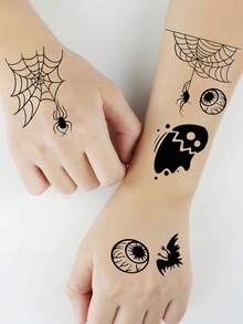 10 Sheets 98pcs Halloween Black Bat Spider Web Ghost Pattern Temporary Tattoo Stickers, Suitable For Party Temporary Makeup - Multicolor - View 6