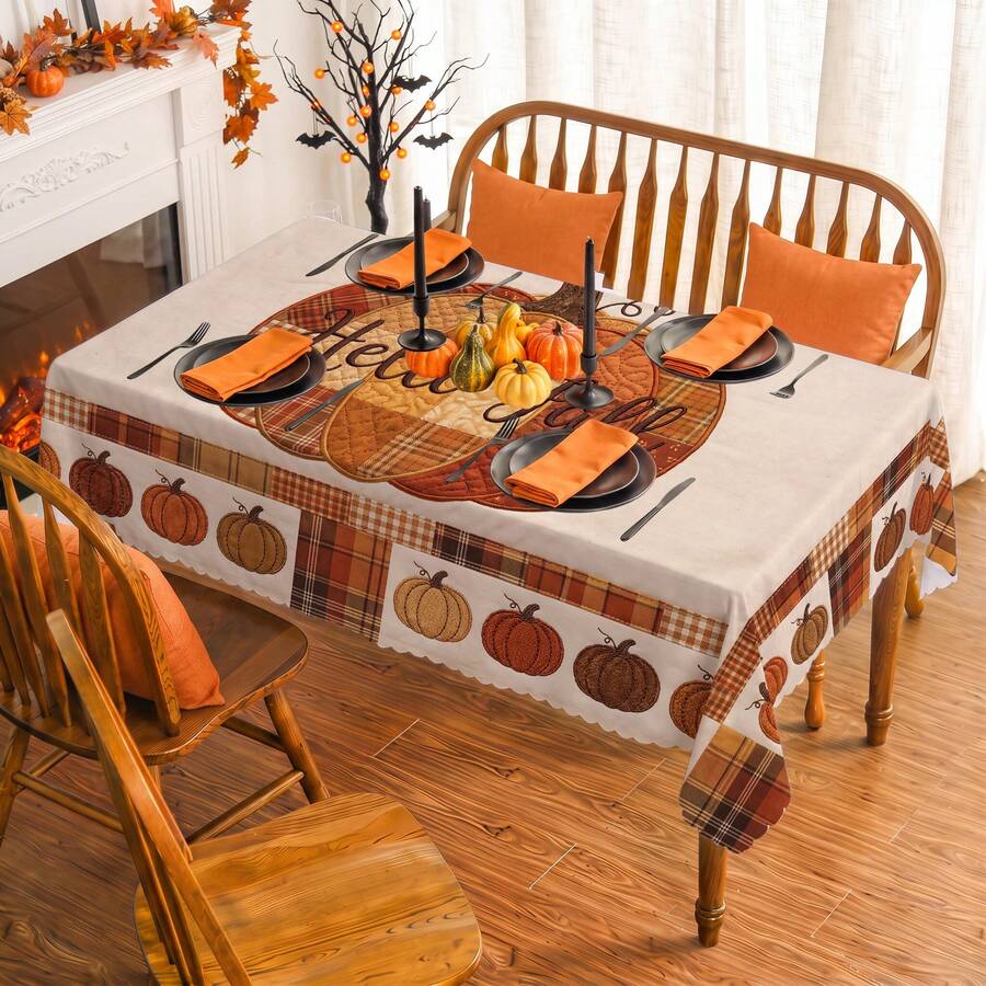 1pc Thanksgiving Autumn Pumpkin Print Rectangular Tablecloth, Suitable For Holidays, Parties, Birthdays, Dinner Parties, Restaurant Table Decor, Autumn/Winter Home Decoration - Multicolor - View 1