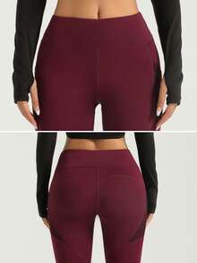 Celana Pendek Olahraga Wanita Warna Polos Panjang Sedang Saku Pinggang Tali Serut Pengontrol Perut Cocok untuk Kembali ke Sekolah dan Kostum Halloween - Red Violet - View 3