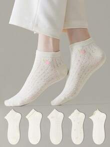 ZUJO 5 Pairs Women's White And Green Bubble Cuff Short Socks, Heart Pattern And Plain, Minimalist Comfortable, Suitable For All Seasons, French Country Style, Random Color Shipping - White - View 3