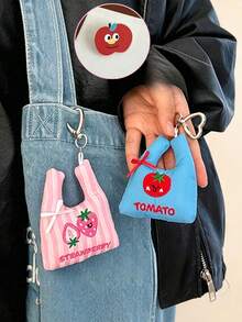 Embroidered Mini Handbag Pendant, Cute Fruit Plaid Bag Charm, Shopping Bag Pendant, Multi-Functional Backpack Accessory, Heart Buckle Keychain Bag Decoration, Holiday Gift, Birthday Gift, Shopping Bag Fruit Heart Buckle Hanging Rope, Girly Backpack Keychain Decoration Pendant, Back To School Essential Backpack Charm, Christmas Gift - Multicolor - View 2
