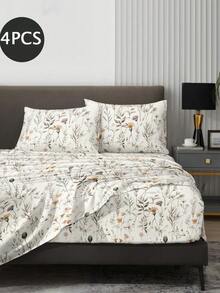 4-Piece Garden Leaf Branch Floral Pattern Bedding Set, Easy-Care Soft Bedding Set, Fitted Sheet Set (1 Flat Sheet + 1 Fitted Sheet + 2 Pillowcases), Fitted Sheet Set, Suitable For King, Queen, Full, Twin Sizes, Deep Pocket Fitted Sheet Design, Pillowcases Up To 11.8 Inches, Soft And Breathable, Wrinkle-Resistant - Multicolor - View 2