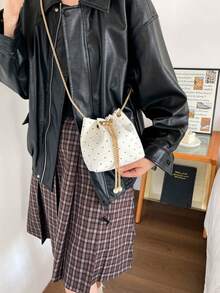 Mini New Fashion Straw Woven Gold Chain Drawstring Bucket Bag Beach Bag - White - View 8