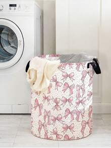 Pink Bow Pattern Decorated Foldable Fabric Laundry Basket - Pink - View 1