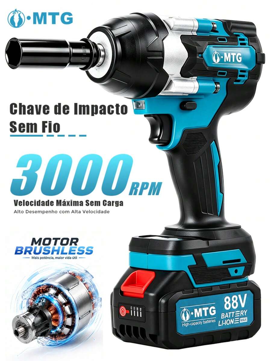 Chave de Impacto MTG 88V Sem Fio Brushless, Ferramenta Elétrica de Alto Torque 1/2", com 2 Baterias, Caixa de Transporte, Carregador e Acessórios para Parafusos e Manutenção Automotiva - Azul - Visão 1