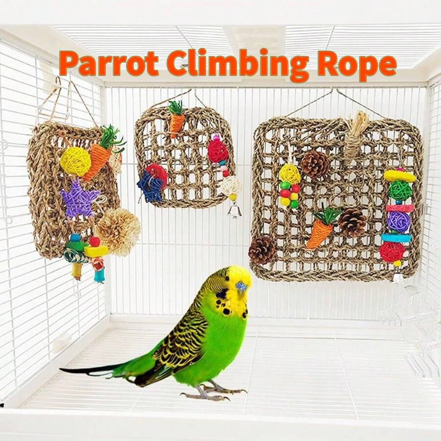 Jaring Panjat Burung Beo, Mainan Kunyah Gantung Tali Katun, Tangga Panjat dan Aksesori Sangkar Ayunan, Cocok untuk Burung Beo Kecil, Burung Parkit, Burung Lovebird, Burung Conure, Mainan Aktivitas Interaktif untuk Burung Kecil - View 1