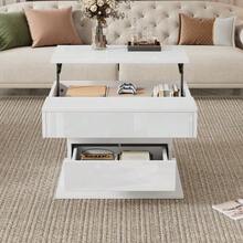 Geometric Coffee Table 70*70*45 Cm, 360° Rotating Tabletop, Lift-Top Coffee Table With 1 Drawer, High-Gloss Living Room Table With Hidden Storage, Sofa Table, Side Table, White - White - View 4