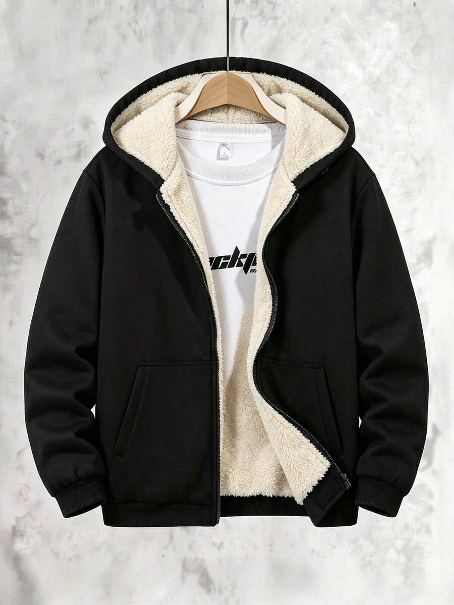 Tween Boys Warm Hooded Sweatshirt Jacket, Cool Street Style Solid Color Thermal Lined Warm Jacket - Black - View 1