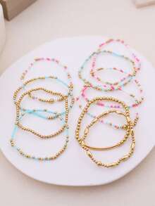 10pcs Bohemian Style Beaded Bracelets, CCB Material With Colorful Small Beads Multi-Layer Bracelets, Suitable For Women's Daily Wear Jewelry - Multicolor - View 4