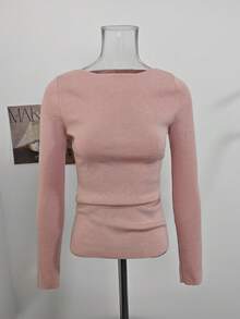 Elegant Sexy Hot Girl Style Off-Shoulder Solid Color Long Sleeve T-Shirt Women Autumn/Winter Slim Fit Flattering Inner Layer Base Top Halloween - Pink - View 6