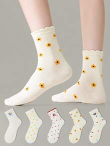 ZUJO 5 Pairs Women's Mid-Calf Socks, Floral, Star, Bear, Cherry, Heart Patterns, Suitable For Daily Wear, Suitable For All Seasons, Simple And Comfortable, Random Color Shipment - Multicolor - View 4