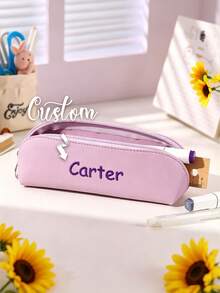 Personalized Pencil Case, Customized Name PU Zipper Bag, Customized Text Minimalist Oxford Fabric Solid Color Pencil Case, Large Capacity Pencil Case, Exquisite Small Back To School Stationery Box, Customizable Logo, 2026 Back To School - Multicolor - View 5
