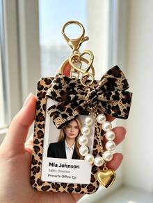 Leopard Print Bow Badge Lanyard, Pearl Heart Keychain Card Holder, Suitable For Women's Office And School Use, Ideal Gift For Back To School Or Back To Work - Multicolor - View 5
