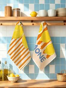 2 piezas de toallas absorbentes de cocina, hechas de material de poliéster, estampadas con patrón de rayas de limón y letras, adecuadas para la cocina, el baño, opción ideal para amas de casa y reuniones familiares, decoración del hogar y de la habitación con alta relación costo-rendimiento - Multicolor - Ver 1