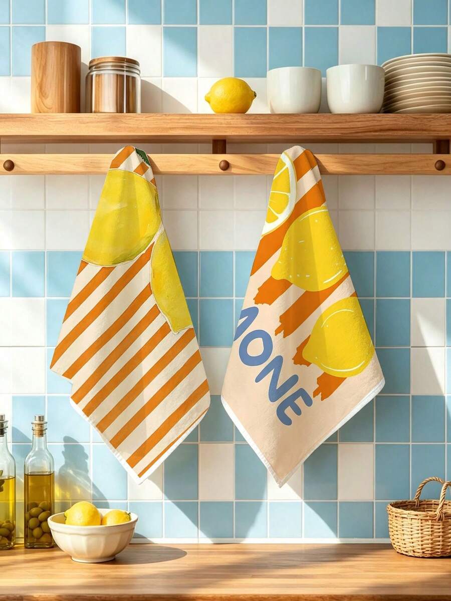 2 piezas de toallas absorbentes de cocina, hechas de material de poliéster, estampadas con patrón de rayas de limón y letras, adecuadas para la cocina, el baño, opción ideal para amas de casa y reuniones familiares, decoración del hogar y de la habitación con alta relación costo-rendimiento - Multicolor - Ver 1