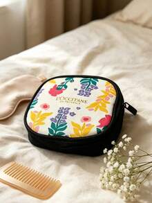 L'Occitane Provence Floral Print Square Fabric Makeup Bag Portable Mini Storage Pouch For Travel Daily Use Birthday Holiday Gift For Women LOCCITANE‑GIFT‑19 - Black+White+Yellow+Green - View 1