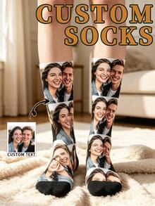 1 Pair Customized Face Socks, Personalized Photo Couple Mid-Calf Socks, Unique Custom Anniversary, Valentine's Day, Birthday, Holiday Gift - White - View 2