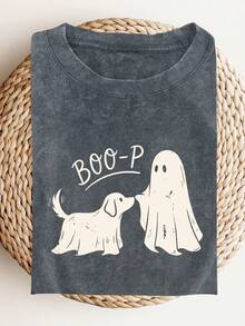 女款大尺碼「Boo-P」幽靈狗舒適水洗 T 恤，趣味萬聖節狗媽媽上衣，灰色上衣 - 鐵灰色 - 查看 6