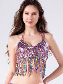 Sequin Fringe Top, Belly Dance Costume, Sequin Backless Singer Street Style Bar Outfit - Multicolor - View 5