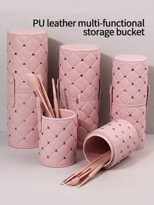1pc Hot-Selling Pink Rivet Buckle Dustproof Waterproof Covered PU Makeup Brush Storage Bucket, Portable Travel Beauty Tool Large Capacity Storage Cylinder - Pink - View 2