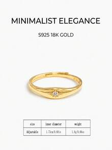 1pc Pure Silver Women's Vintage Style 8-Point Star Zirconia Inlaid Ring, Minimalist Personalized Stackable Pinky Ring - Gold - View 2