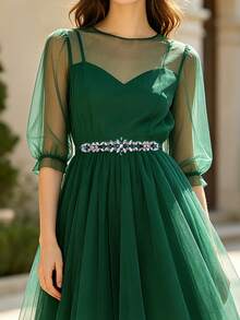 1pc Elegant Green Rhinestone Wedding Belt, Summer Waist Sash, Luxury Decorative Accessory For Wedding Guests Bridesmaids - Dark Green - View 8
