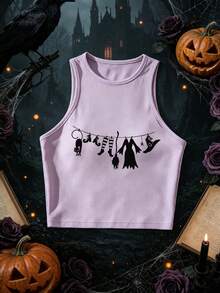 Women's Halloween Casual Short Tank Top With Witchy Clothesline Print, Round Neck Cut Out Racerback Polyester Cropped Tank - Purple - View 1