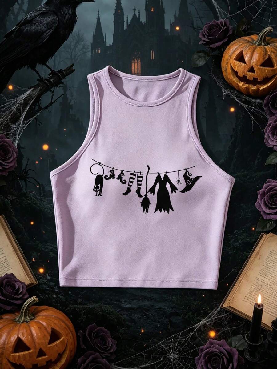 Women's Halloween Casual Short Tank Top With Witchy Clothesline Print, Round Neck Cut Out Racerback Polyester Cropped Tank - Purple - View 1