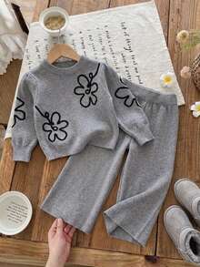 2pcs/Set 1pc Girls Cute Embroidered Flower Knit Sweater Pullover And 1pc Solid Color Knit Pants Set, Suitable For Daily Casual Wear In Spring, Autumn And Winter - Grey - View 4