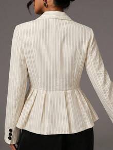 Women's Striped V-Neck Ruffle Trim Blazer, Front Button Closure Long Sleeve Slim Fit Flared Hem Jacket - Apricot - View 4