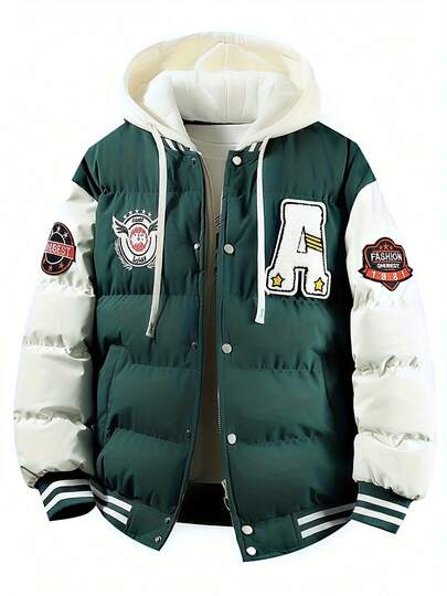 Men Hoodies   Full Zipper, Color-Block, And Autumn/Winter Thermal Design, Plus SizeMen'S Oversized Hooded Baseball Jacket With Letter Decals,