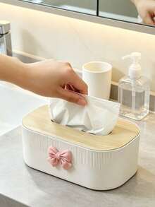 Adorable Bow-Decorated Tissue Box, Minimalist Wood Grain Napkin Dispenser, Bedroom/Living Room/Office Desktop Tissue Holder,Rectangular Vertical Striped Tissue Storage Rack, Desktop Napkin Container For Bedrooms,Offices, And Cars, Gift Selection - Multicolor - View 3
