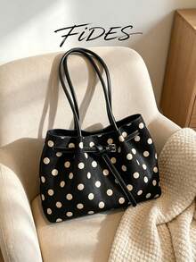 1PC New Women's Polka Dot Print PU Large Capacity Tote Bag, Belt Buckle Design Shoulder Bag, Simple Commute Large Bag, Suitable For Daily Outings, Shopping, Commuting, Versatile Women's Handbag/Shoulder Bag - Black - View 3