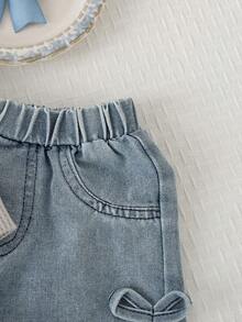 Autumn/Winter Baby Girl Cute Casual Versatile Bowknot Decor Waffle Knit Long Sleeve Top & Elastic Waist Washed Denim Wide Leg Pants Outfit For Outing And Commuting - Light Grey - View 3