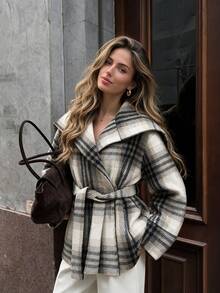 2026 Autumn/Winter New British Style Elegant Casual Vintage Plaid Overcoat Women Loose Fit Versatile Wool Top - Apricot - View 5