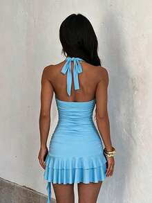 1pc Solid Color Sexy Knitted Fabric Ruffle/Hemline Dress Beach Summer - Blue - View 4