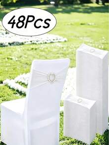 6/12/24/48pcs White Elastic Chair Sashes, Multi-Piece Chair Sash Set With Heart-Shaped Buckle Slider, Chair Sash Bows, Suitable For Wedding Party Decoration - White - View 2