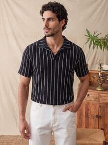 glestore Kemeja Polo Bergaris Gaya Retro Pria "Gaya Klasik" - Pakaian Kasual untuk Liburan, Fesyen untuk Perjalanan, Gaya Serbaguna - Hitam - View 4