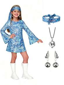 Tween Girl 70s Disco Party Dress Costume For Dance Party, Birthday Party, Children's Day, Halloween - Blue - View 1