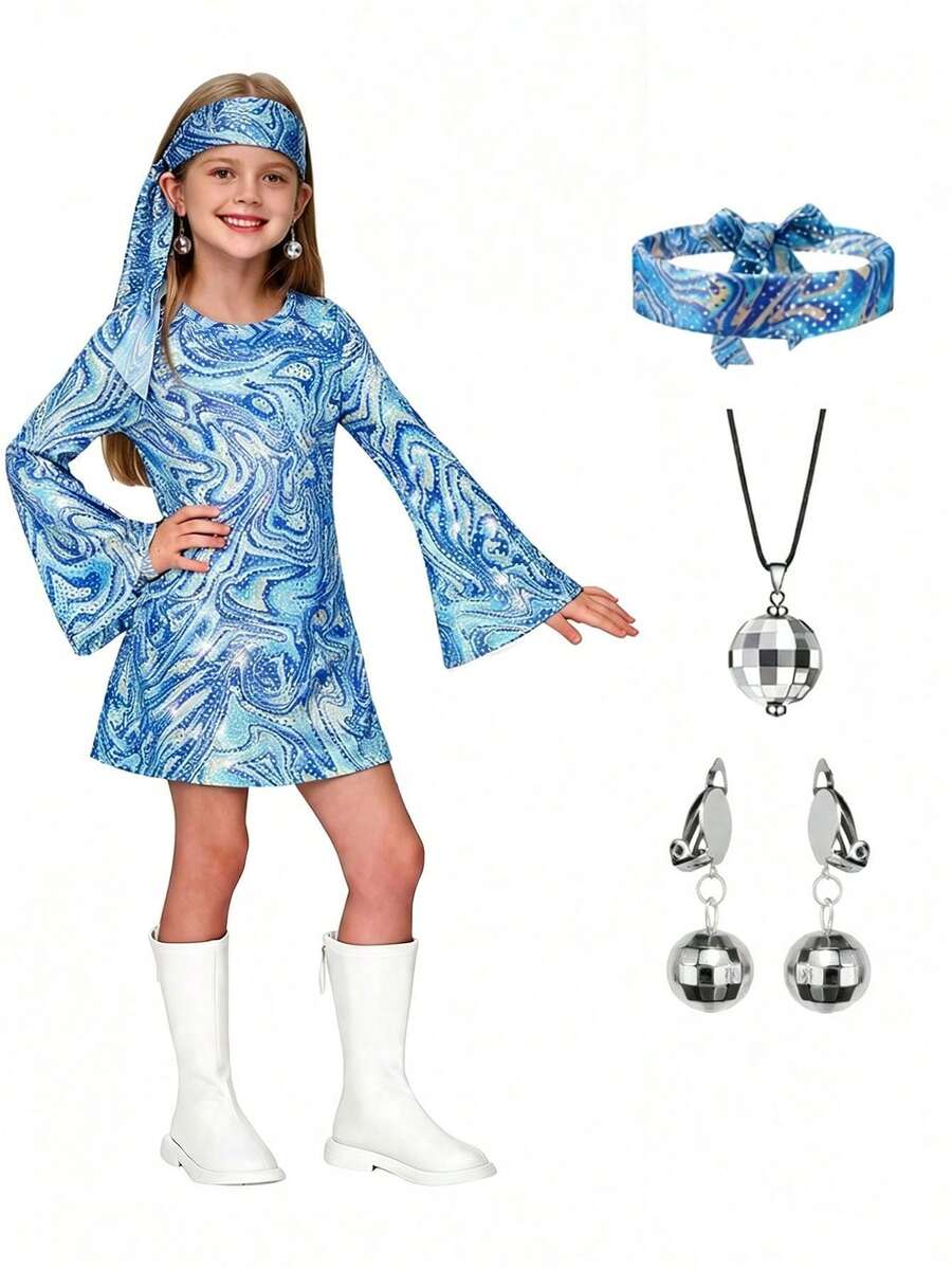 Tween Girl 70s Disco Party Dress Costume For Dance Party, Birthday Party, Children's Day, Halloween - Blue - View 1