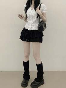YCYC 韓式風格寬鬆設計半透花卉紋理女款鈕扣短袖休閒襯衫 白色 - 白色 - 查看 8