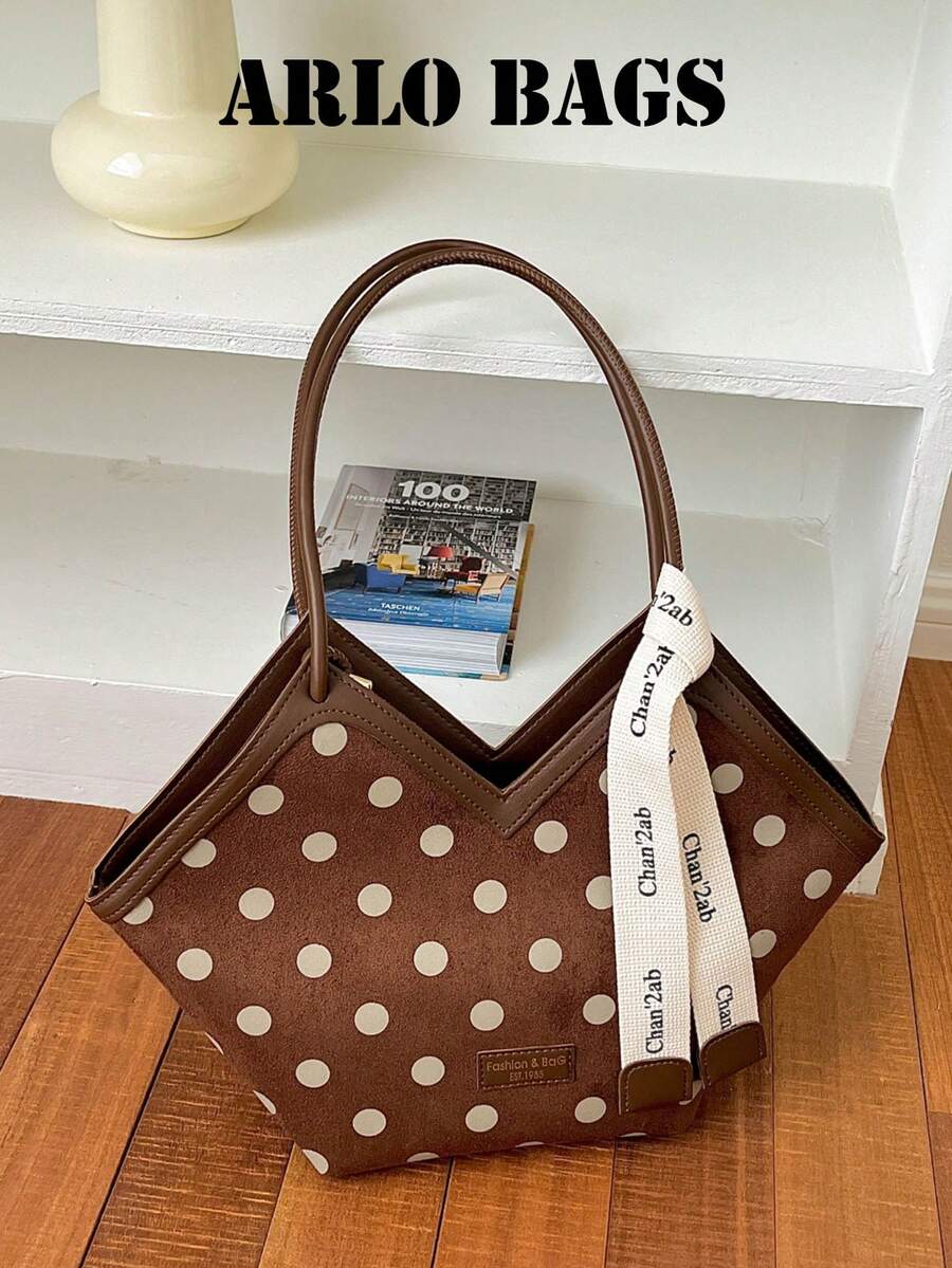 Bolso de tela con estampado de lunares y textura, con correa de cinta y decoración de letras, estilo vintage casual, adecuado para el uso diario, compras, viajes, atuendo enérgico y de moda, bolso tipo abanico en forma de V - Marrón - Ver 1