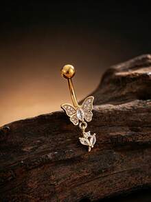 1pc Sexy Butterfly Vine Belly Button Ring, Stainless Steel Body Piercing Jewelry For Women, Daily Wear - Butterfly and Flower Vine - View 2