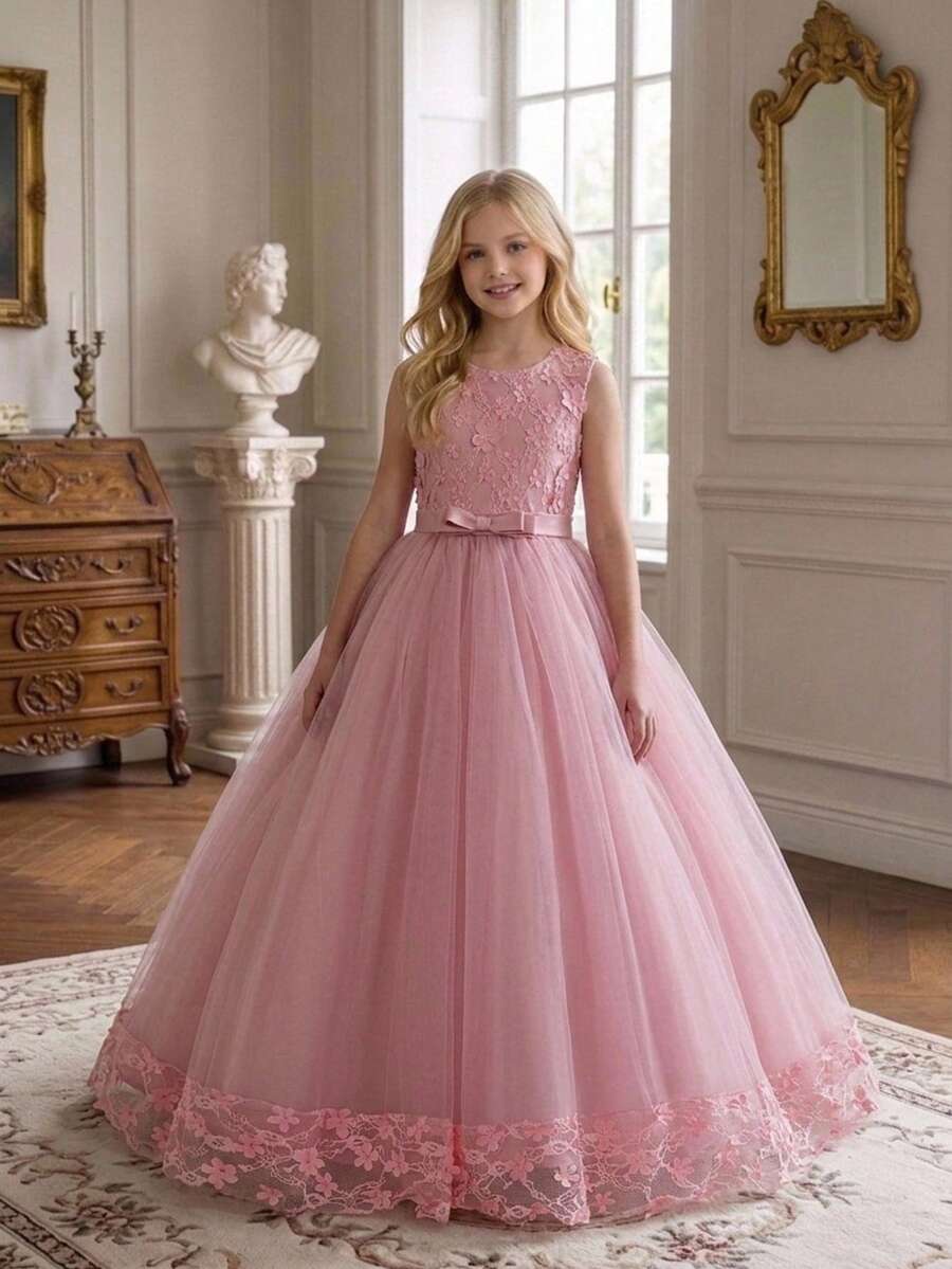 Tween Girls Round Neck Long Lace Floral Bow Wedding Party Dress, Headband Not Included - Dusty Pink - View 1