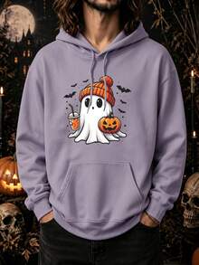 1pc Men's Purple Hoodie, Halloween Ghost Iced Drink Print Pullover, Casual Kangaroo Pocket Sweatshirt - Holiday Gift - Purple Yam - View 1