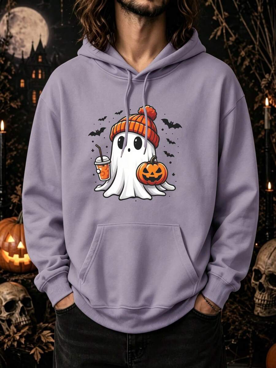 1pc Men's Purple Hoodie, Halloween Ghost Iced Drink Print Pullover, Casual Kangaroo Pocket Sweatshirt - Holiday Gift - Purple Yam - View 1